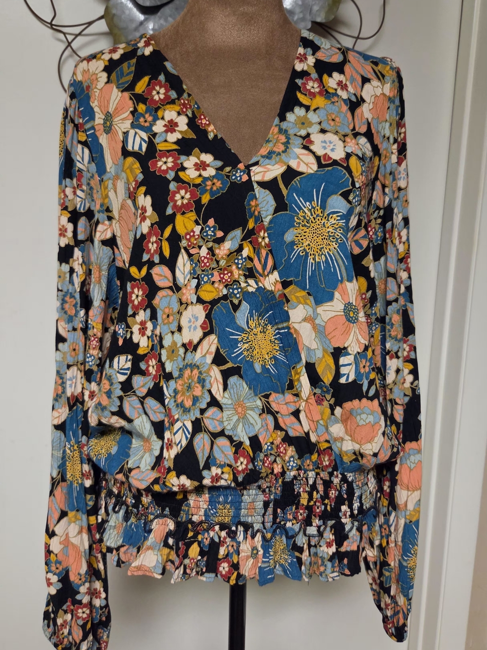 Angie Floral V-Neck Long-Sleeve Dress in Navy, Blue, Peach and Cream